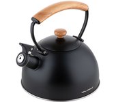 Tetera con silbato, hervidor de agua 2,3l, inducción, acero inox, vintage, mango madera, florina, negro, , wooden