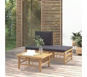 Muebles de jardín de 3 piezas con cojines de bambú gris oscuro.