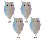 Búho repelente de pájaros láser de doble cara, 4 piezas, plata de doble cara (cuerda plateada y campana plateada)