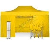Carpa plegable 3x4,5 amarillo con telones laterales. acero 40 mm. tejido recubierto de pvc impermeable, repelente al agua de 350gm