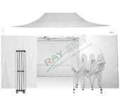 Carpa plegable 3x4,5 blanco con telones laterales. acero 40 mm. tejido recubierto de pvc impermeable, repelente al agua de 350gm