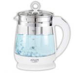 Hervidor agua eléctrico 1,5l, jarra cristal, selector temperatura, inalámbrico, retroiluminado, adler, blanco, 2200, ad 1299