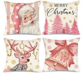 Fundas de almohada navideñas de 45 x 45 cm, juego de 4 para decoraciones navideñas de granja, funda de almohada rosa con renos navideños de papá noel