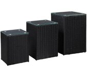 Mesas auxiliares 3 piezas y tapa de cristal mimbre resina negro