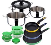 Set batería cocina acero inox + 3 sartenes aluminio prensado + 5 boles cristal san ignacio