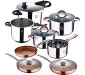 San ignacio set batería 5pc acero inox + 2 ollas a presión con tapa + set 5pc sartenes (con tapas) para inducción, cobre y cromado