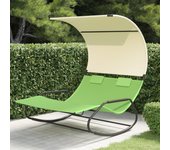 Chaise lounge mecedora doble con dosel verde y crema