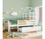 Cama infantil con escalera y cajón, base incluida, 90x200cm blanco