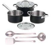Batería de cocina 5pc + tapas + juego de 3 utensilios en acero inoxidable negro/cromado san ignacio