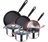 Batería 5pc en acero inoxidable cromado/cobre + juego de sartenes en aluminio forjado san ignacio