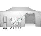Carpa plegable 6x3 blanco con telones laterales acero 30 mm. tejido recubierto de pvc impermeable, repelente al agua de 350gm