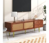 Mueble de tv elegante con puertas correderas de mimbre y prácticos cajones, 160 * 40 * 60 cm