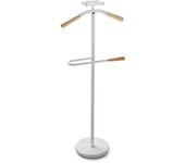 Versa cham galán de noche moderno multifuncional con 2 perchas o colgadores para ropa de hombre o mujer, blanco y madera, 108x44x25cm