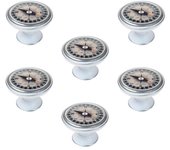 6 un. pomo tirador mueble vintage retro metal plata pátina blanco brujula - diámetro 37mm