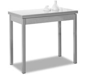 Mesa de cocina extensible de libro sin cajón - 80x40 cm (80x80 cm) - estructura y tapa interior color aluminio - tapa superior cristal color blanca