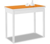 Mesa de cocina extensible de libro sin cajón - 80x40 cm (80x80 cm) - estructura y tapa interior color blanca - tapa superior cristal color naranja