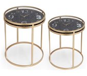 Juego de dos mesas de centro de metal dorado y tapa de cristal de reloj