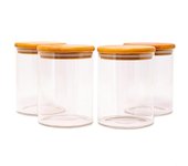 Pack 4 botes de cristal 0,75 l (13,5x10 cm) luxury & grace tarros de cocina con tapa de bambú.