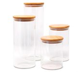 Pack 4 botes de cristal 0,7 l + 1 l. luxury & grace tarros de cocina con tapa de bambú.