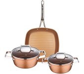 San ignacio batería de cocina colección origen: sartén grill + cacerolas con tapa de vidrio en aluminio forjado apta para inducción, color cobre