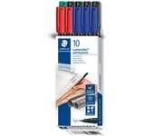 STAEDTLER Lumocolor Permanente 318, resistente al agua, se seca en segundos, punta F de 0,6 mm, fabricado en Alemania Caja cartón con 10 rotuladores en 4 colores, 318 B10